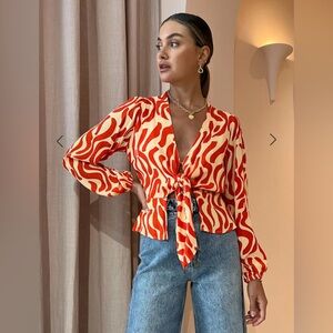 FAITHFULL THE BRAND Red and Orange Patterned Women's Sarin Top, Size Small